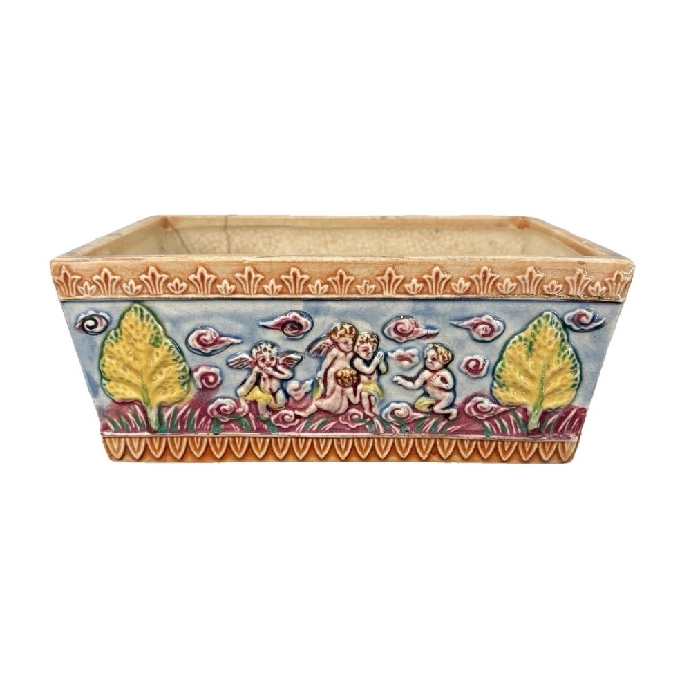 Vintage Hand Painted Japan Cherub‎ Planter Ceramic Dish Majolica Style Rectangle